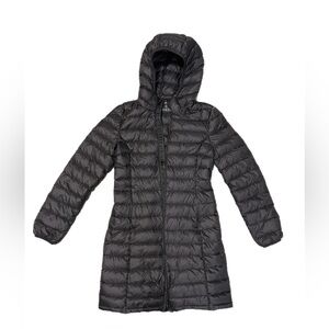 Quince Black Lightweight Down Long Puffer Jacket Hooded Full Zip size small